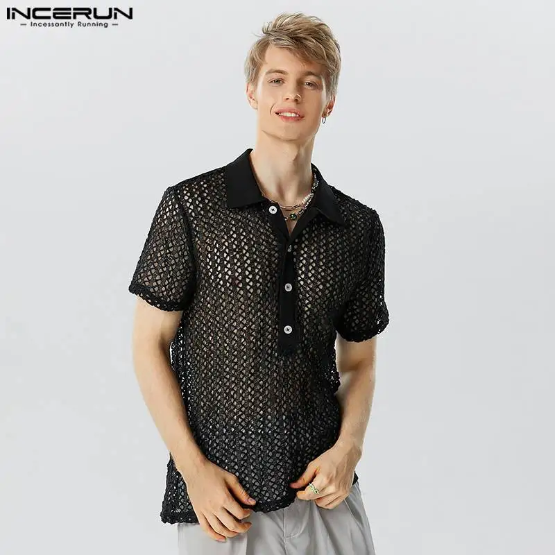 Fashion Men Shirt Mesh Transparent Hollow Out Lapel Short Sleeve Men Clothing Streetwear 2023 Sexy Solid Camisas S-5XL INCERUN