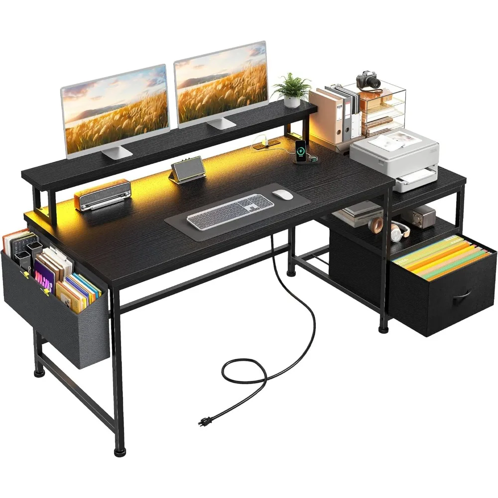 

Компьютерный стол премиум-класса с подставкой для монитора, игровой стол со светодиодной подсветкой и розетками, офисный стол с ящиками и полкой для принтера, 57