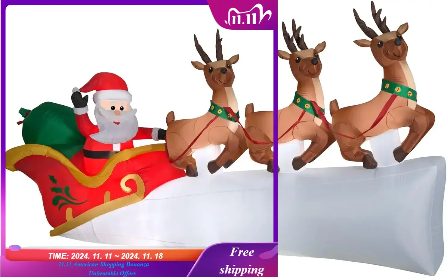 Christmas Inflatable Santa's Sleigh with Flying Reindeer, 5.5 ft Tall, Multi