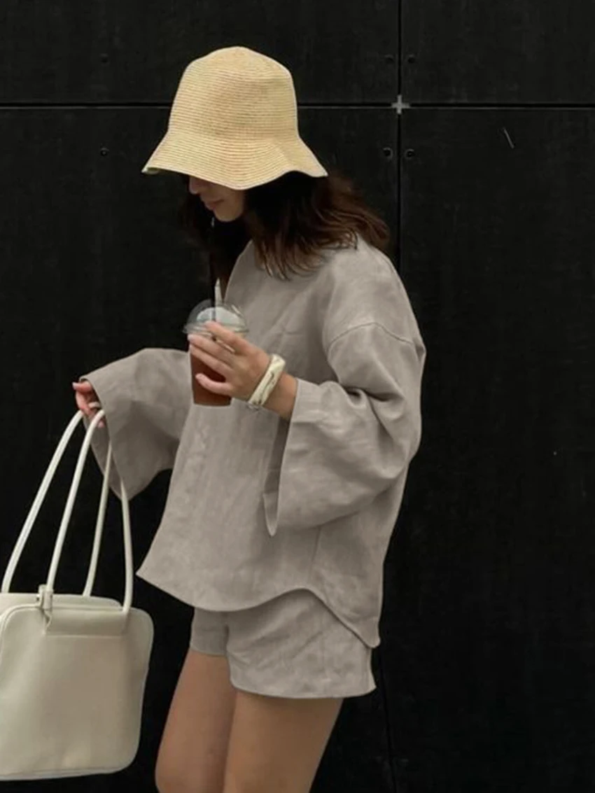 Marthaqiqi Loose Ladies Sleepwear Suit Long Sleeve Nightgowns Turn-Down Collar Nightwear Shorts Casual Female Pajama 2 Piece Set