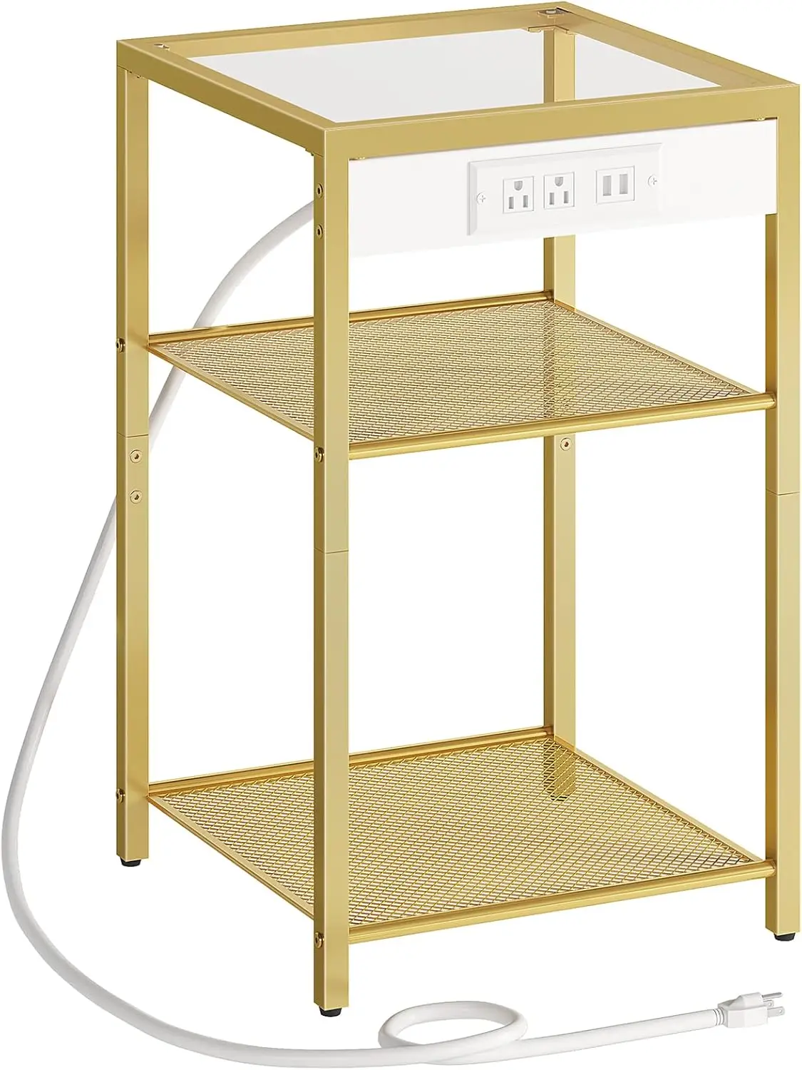 

End Table with Charging Station, Side Table with USB Ports & Power Outlets, 3-Tier Slim Nightstand with Storage Shelves