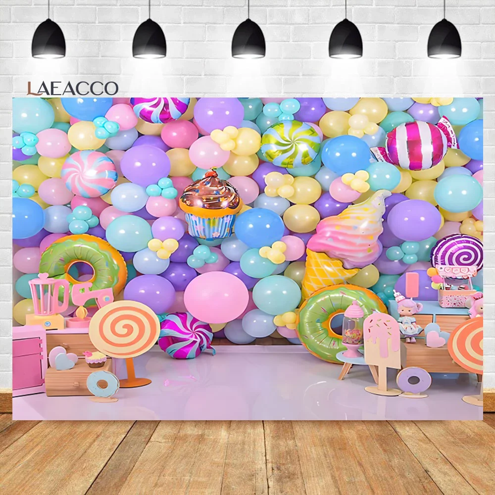 Laeacco Ice Cream Lollipop Balloons Wall Birthday Sence Photo Background Kids Newborn Baby Shower Portrait Photography Backdrop