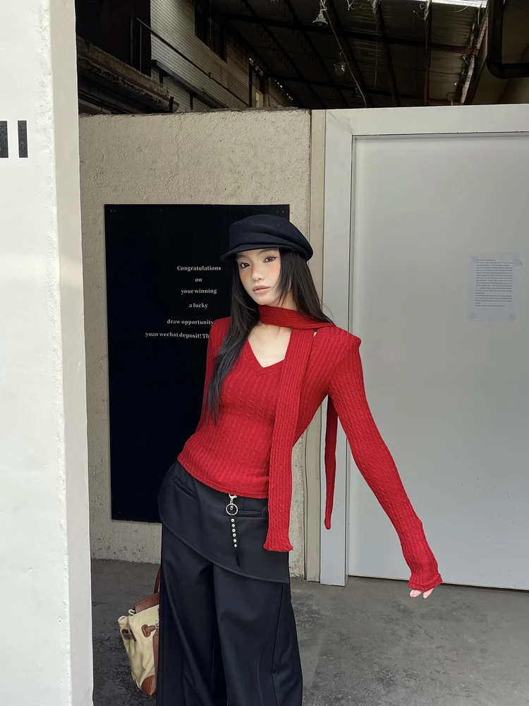 

Корейский вязаный свитер однотонного цвета для женщин, с V-образным вырезом, узором «косы», длинными рукавами, из хлопка, модный, с шарфом в комплекте