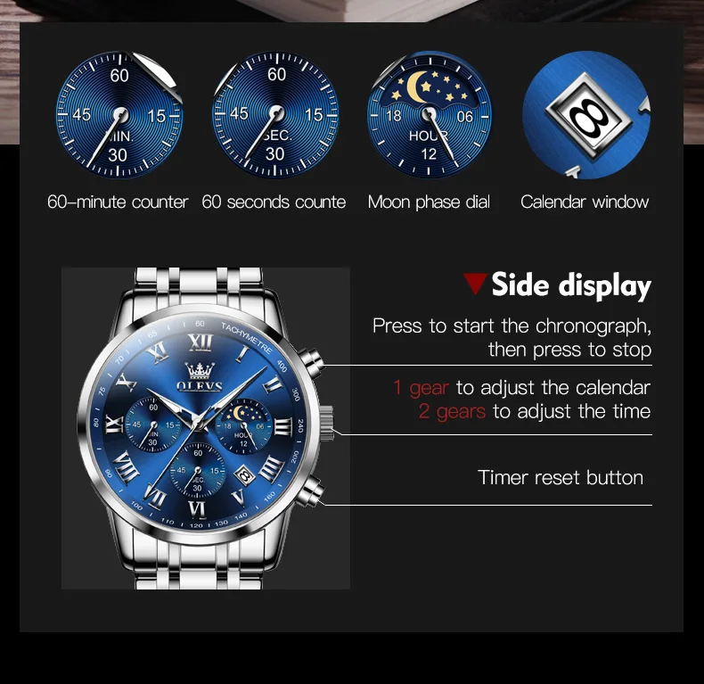 ساعة يد أوليفز كوارتز مقاومة للماء للرجال ، كرونوغراف ، تقويم ، طور القمر ، سوار من الفولاذ المقاوم للصدأ ، مقاومة للماء ، أوقات الفراغ ،