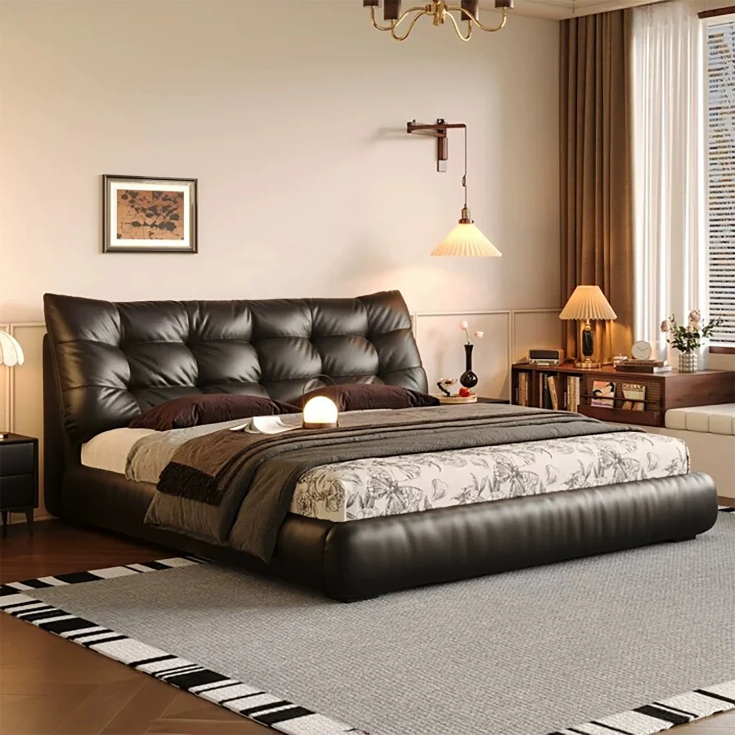 # Italian Minimalist Luxury Genuine Leather Master Bedroom Bed King Modular 1.5 1.8 Meters Large Size Storage Double Bed