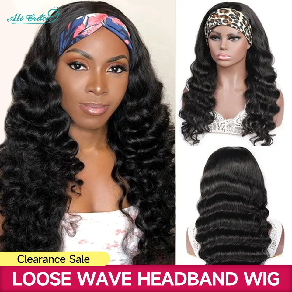 Ali Grace Loose Wave Headband Wig Human Hair for Women Brazilian Natural Wave Headband Wigs with Adjustable Bands Easy to Wear