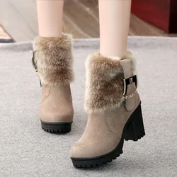 Tacco quadrato donna scarpe invernali fibbia classica pelliccia calda neve stivali da donna tacchi alti stivaletti con plateau nero donna botas 362