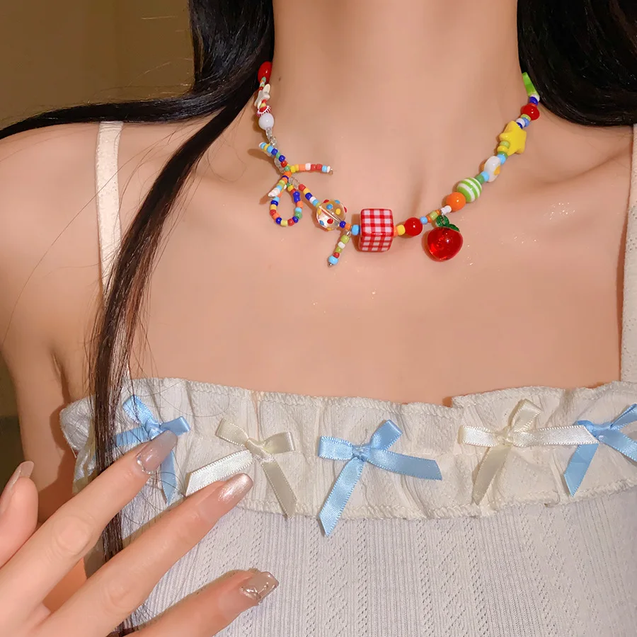 لطيف ملون الكرتون الفاكهة القوس الخرز المختنقون القلائد للنساء الفتيات الحلو 2000s Y2K مجوهرات الحفلات اكسسوارات الجمالية F