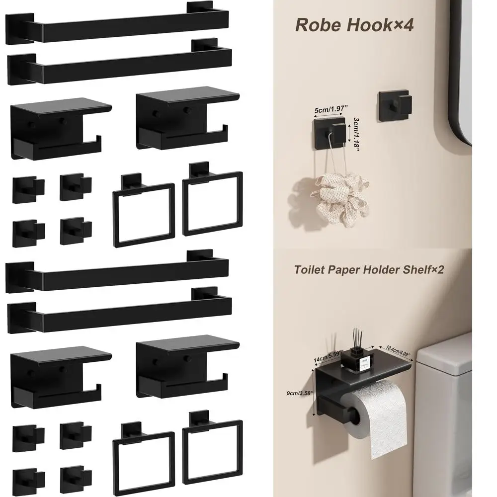 

Stainless Steel 10-Piece Matte Black Bathroom Accessory Set: 2 Towel Bars, 2 Toilet Paper Holders with Shelves, 2 Rings, 4 Hooks