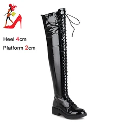 Women Over The Knee High Boots Winter Ladies Shoes Fashion PU Leather Thick Sole Heels Motorcycle Platform Long Boots Big Size