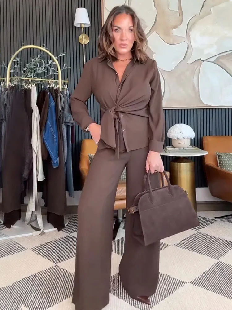 

HH Autumn Women Fashion Single-breasted Knot Decorate Long Sleeve Lapel Shirts+Elastic Waist Wide-leg Pants 2-Piece Set