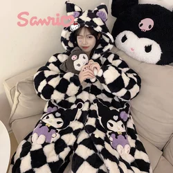 2pcs Sanrio Cartoon Kuromi Pajamas Suit  Coral Fleece Three Layer Winter Warm Long Sleeve Thickened Homewear Women Night Clothes