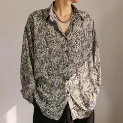 Korean retro cashew flower shirt men's long-sleeved thin style lazy Hong Kong style drape loose thin style niche men clothing