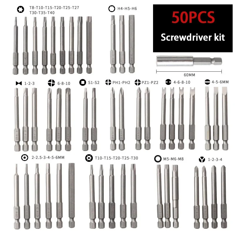 TINSOL 50/36 Pcs 75mm Extra Long Magnetic Screwdriver Bit Set 1/4 Inch Security Torx Star Hex Spline Bits Kit for Impact Driver