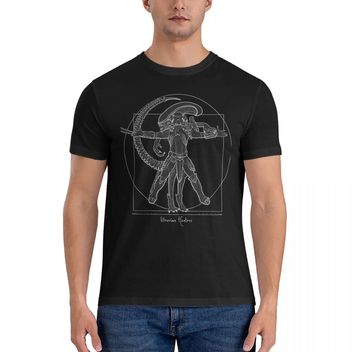 Vitruvian Hunters ( Negative) T Shirts 100% Cotton Funny T-Shirt Crew Neck Alien Xenomorph Tees Short Sleeve Tops Printed