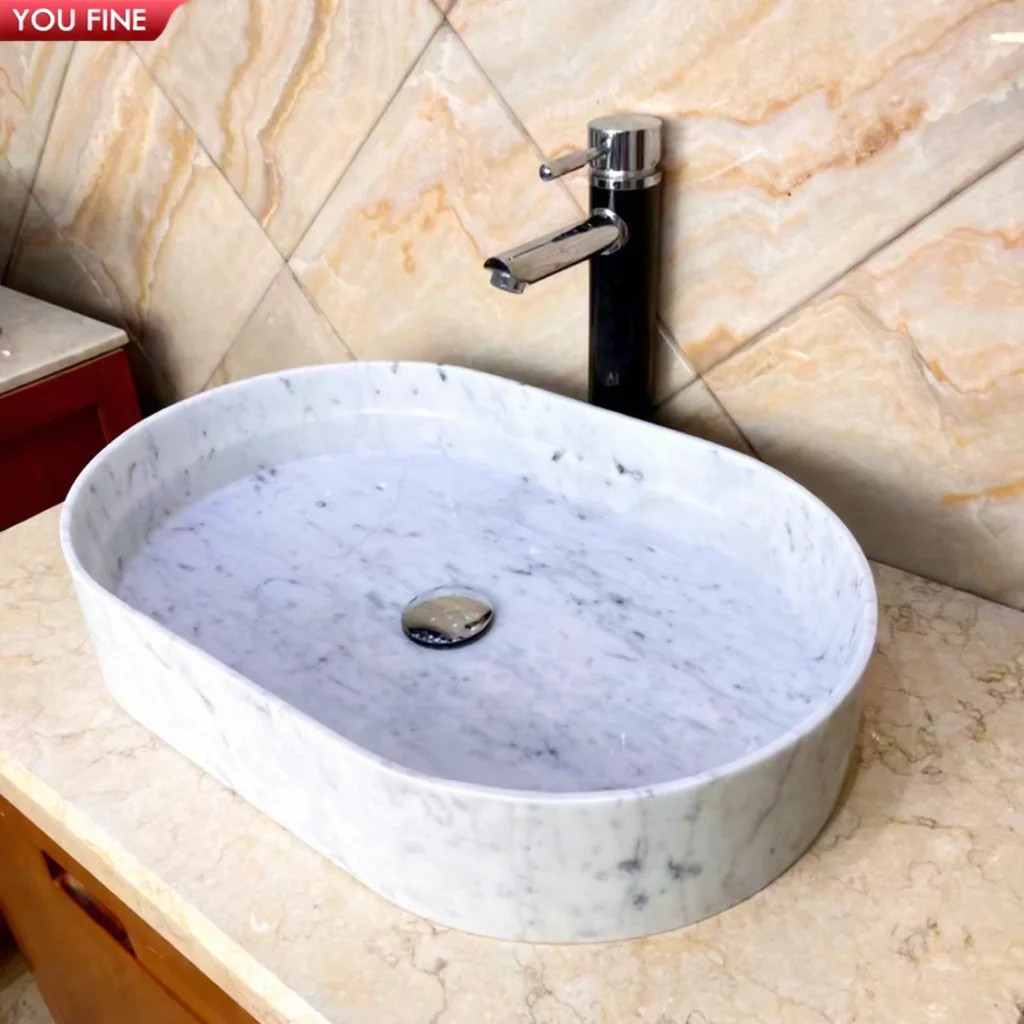 YOUFINE Oval White Marble Sink Natural  Bathroom Basin For Countertop Vanity Smooth Polished