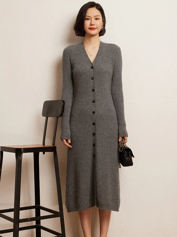 Women Cashmere Sweater Long Dress Autumn Winter V-Neck Slim Solid Soft Cardigan 100% Goat Cashmere Knitwear Korean Popular Dress