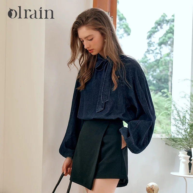 OLrain Cotton Denim Womens Blouses 2025 Spring Retro Lace Up Bow Stand Neck Long Sleeve Chic Metal Button Shirts M56QC85112