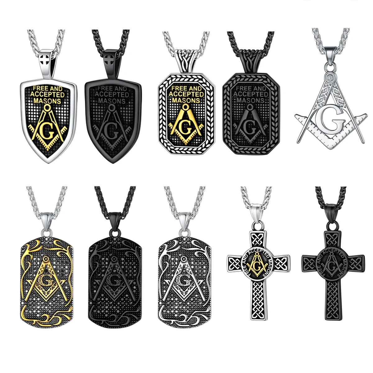 Chainspro Masonic Necklaces for Man Freemason Compass G Symbol Rectangle Tag Cross Masons Symbol Stainless Jewelry Gift Choice
