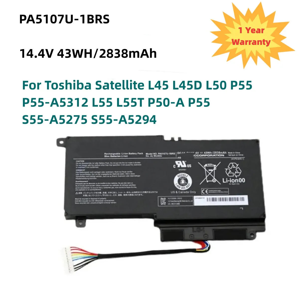 New 2838mAh PA5107U PA5107U-1BRS Battery for Toshiba Satellite L45 L45D L50 P55 P55-A5312 L55 L55T P50-A P55 S55-A5275 S55-A5294