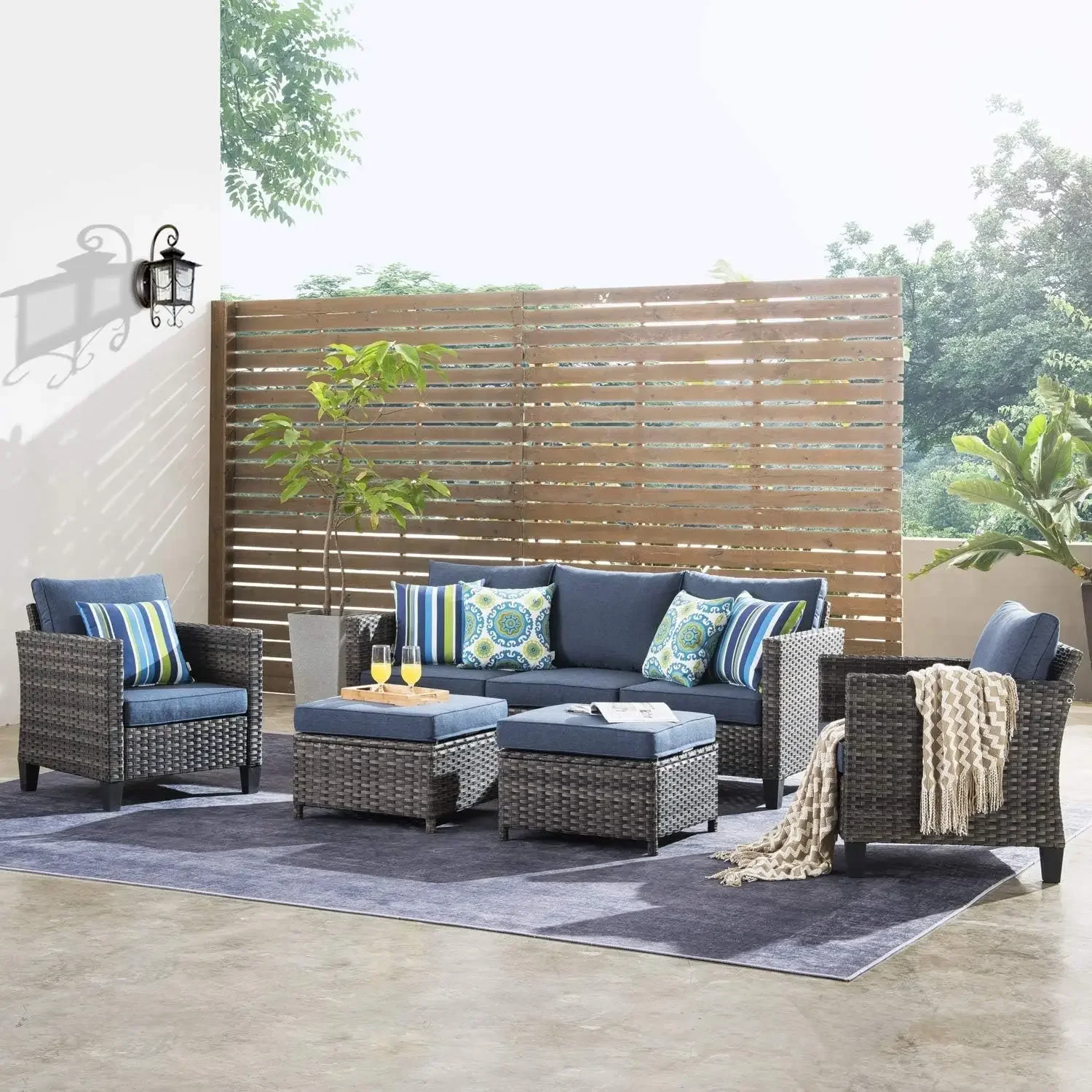 

5pcs Outdoor Wicker Rattan Sofa Couch w/ Chairs, Ottomans & Cushions, All Weather High Back Patio Conversation Set, Denim Blue