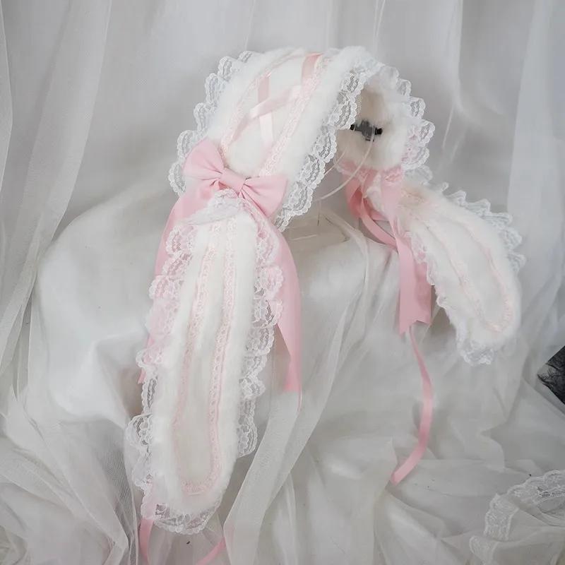 새로운 하라주쿠 이동식 로리타 활 토끼 귀 헤어 액세서리 부드러운 소녀 귀여운 달콤한 플러시 레이스 헤드 피스 메이드 JK 코스프레 머리띠