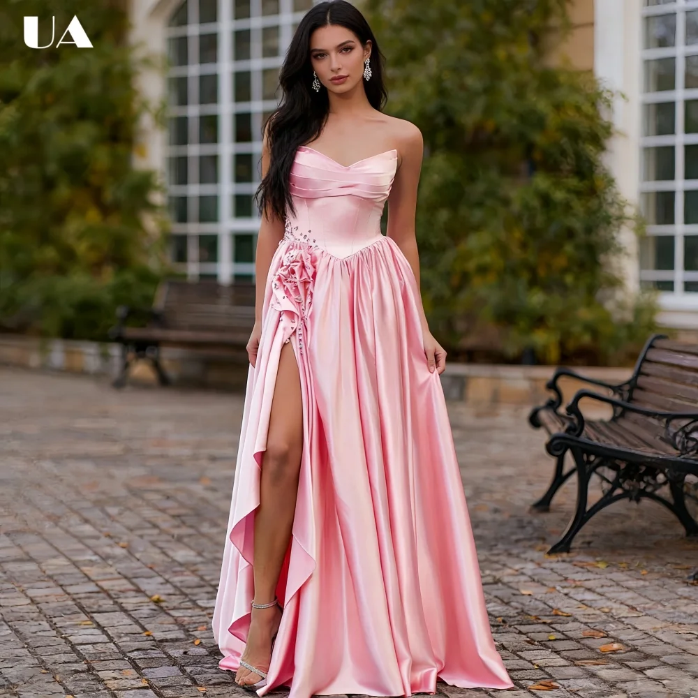 

ULBYANRY Customized Satin A-Line V-neck Prom Dress, Sparkly Rhinestone Sleeveless Slit Evening Dress, Trendy Draped Party Dress