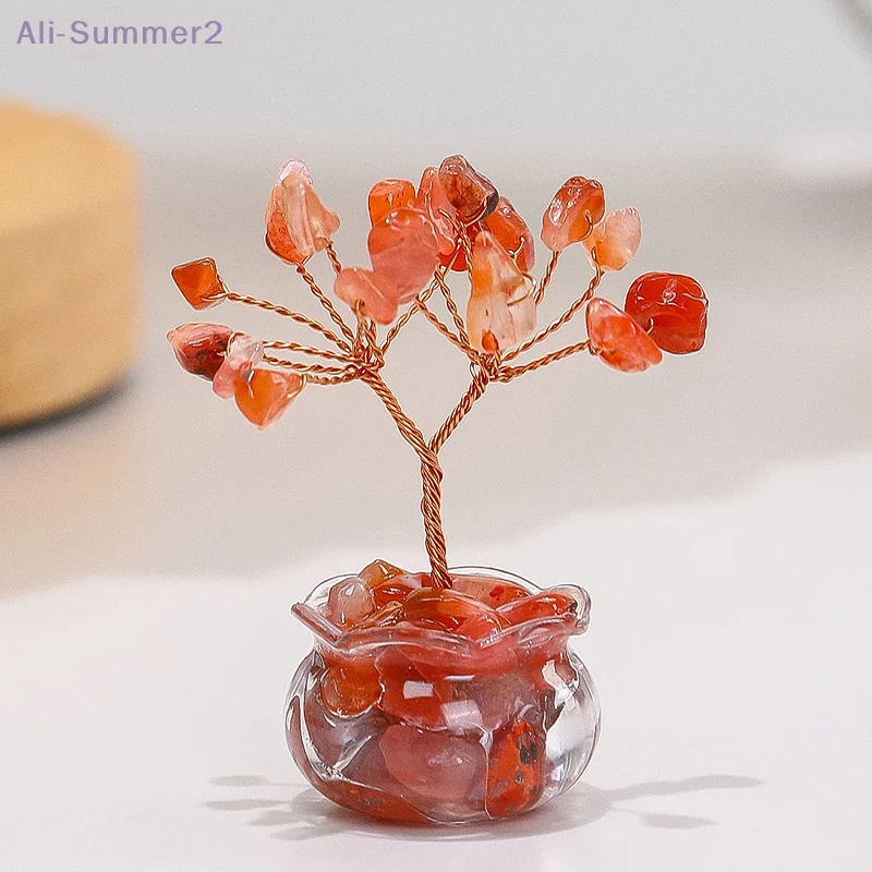 {Summer2} شجرة المال الكريستالية الصفراء الطبيعية شجرة كريستال صغيرة فنغ شوي زخرفة مع العقيق الأحمر مكتب عمل الديكور هدية