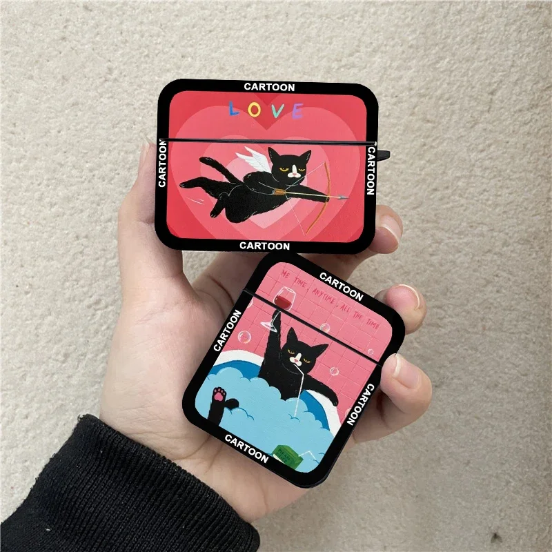 Funny Cartoon Black Cat Earphone Case for Airpods 4th 3rd 2 Pro 3 Shockproof Cover for Airpod 2 3 1 Protective Accessorie Shell