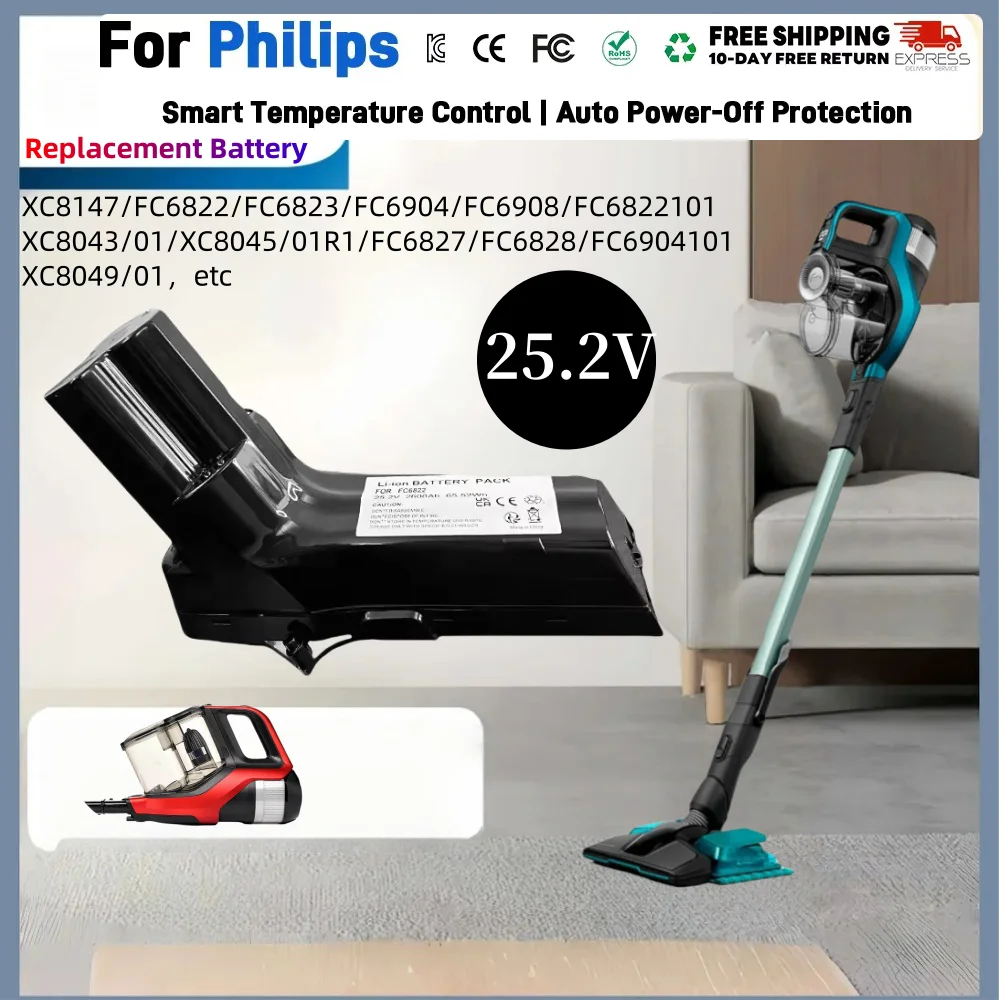 

‌25.2V Li-ion Replacement Battery for Philips FC6826/01 XC8147/01 FC6903/01 Cordless Vacuum,6800mAh High Capacity& Fast Charging