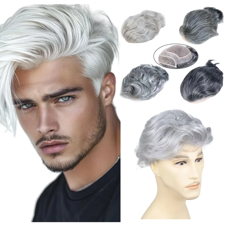 

Мужской парик из 100% человеческих волос 8x10 дюймов, моно-основа с серой кружевом и полиуретаном, доступные роскошные цвета 1B60 1B80 # 4 шиньоны