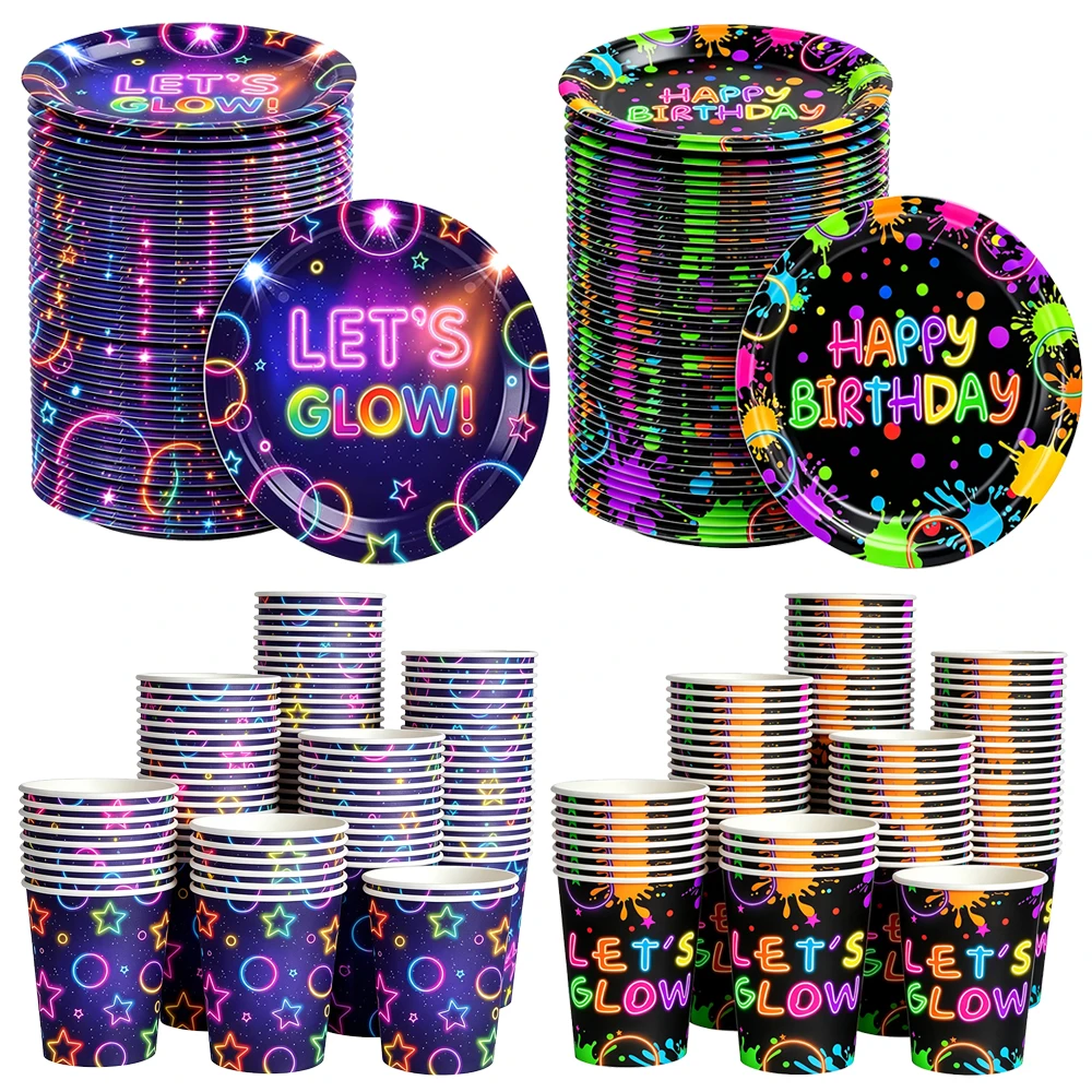 8/80pcs Neon Glow Party Disposable Tableware Paper 7/9inch Plates Paper Drinking Cups Birthday Party Decoration Supplies
