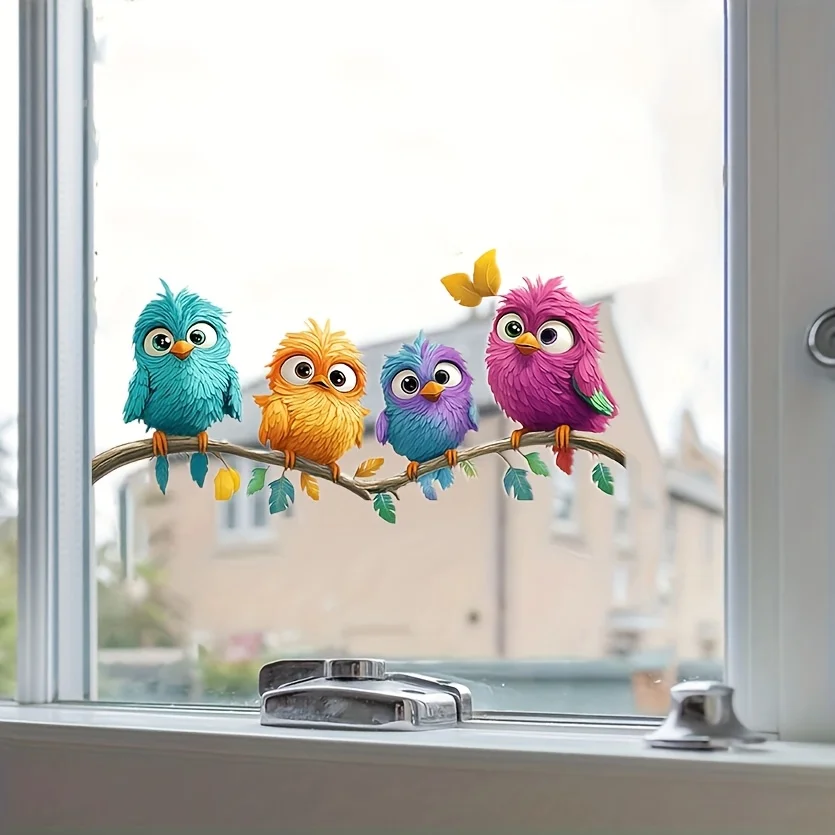 1PC Four Cartoon Birds Decorative Stickers Waterproof for Window Glass Wall Mirror Toilet Festival Home Decoration Self-adhesive