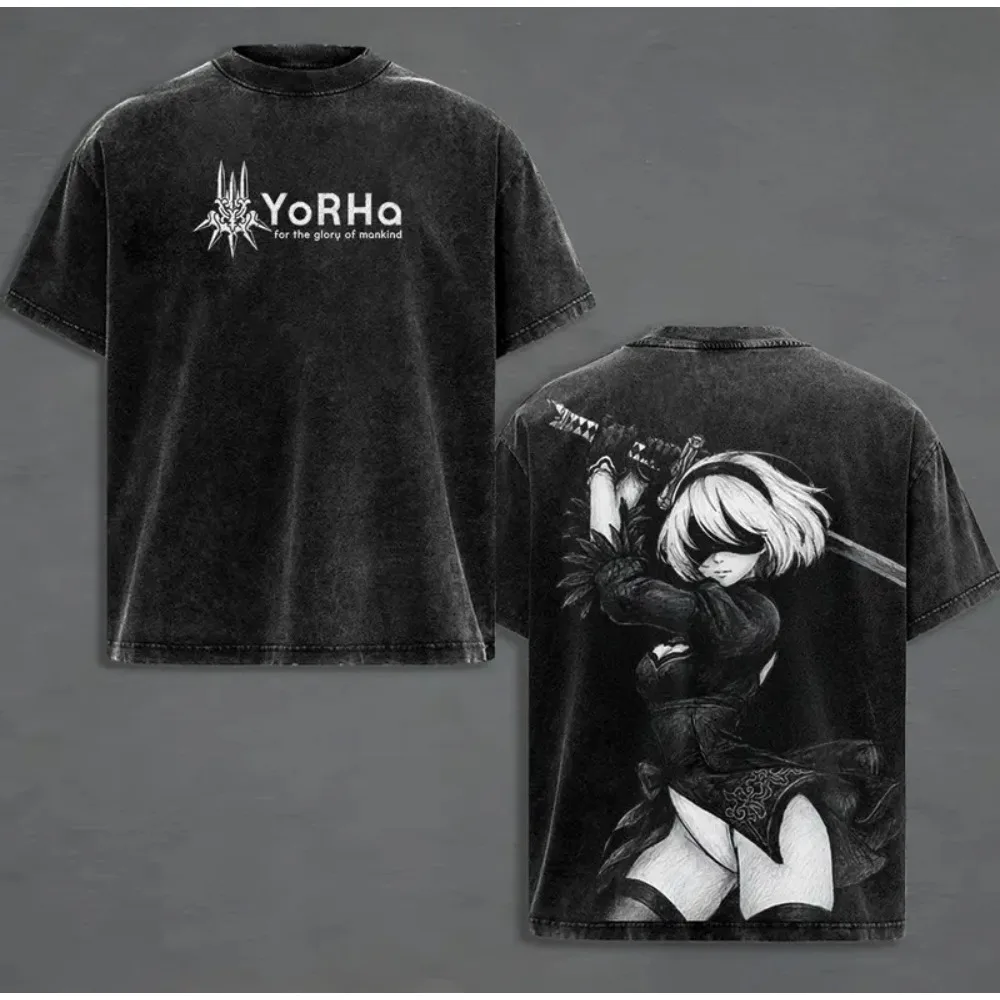 YoRHa No.2 Type B Print T-shirt Game Nier Clothing Men Women Short Sleeve Tshirts Retro Washed T Shirt Harajuku Male Cotton Tops