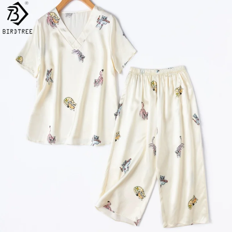 

BirdTree, 100% Silk Pajamas Set, Short Sleeve, Capri Pants, Women Plain Satin Homewear Casual Clothes, 2026 Summer New P66703JF