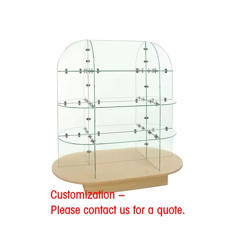custom.Oval Frameless Glass Shelving Unit with Wood Base