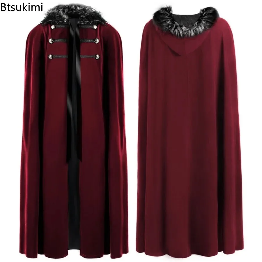 جديد 2025 للهالوين للكبار في القرون الوسطى Steampunk القراصنة عباءة تأثيري الفراء مقنعين طويل القوطية الرجعية بلون سترة للنساء الرجال