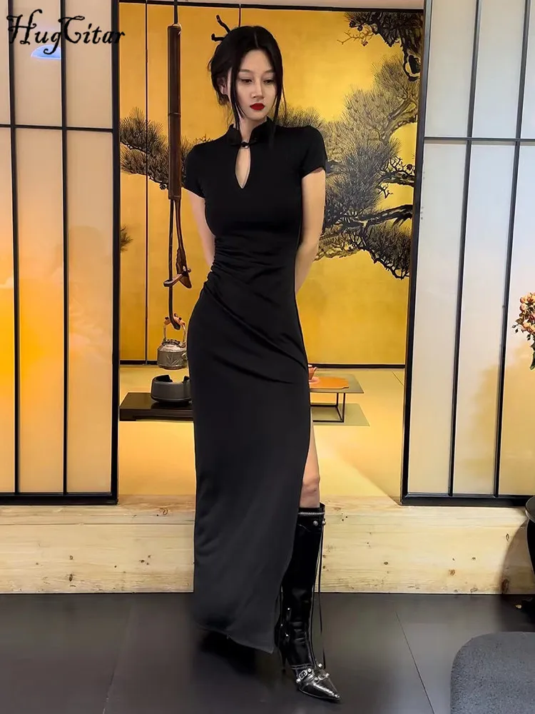 Hugcitar-Vestido largo de manga corta con cuello en V para mujer, traje Sexy ajustado con abertura y botones, color negro, moda de verano, Y2K, fiesta y Festival, 2024