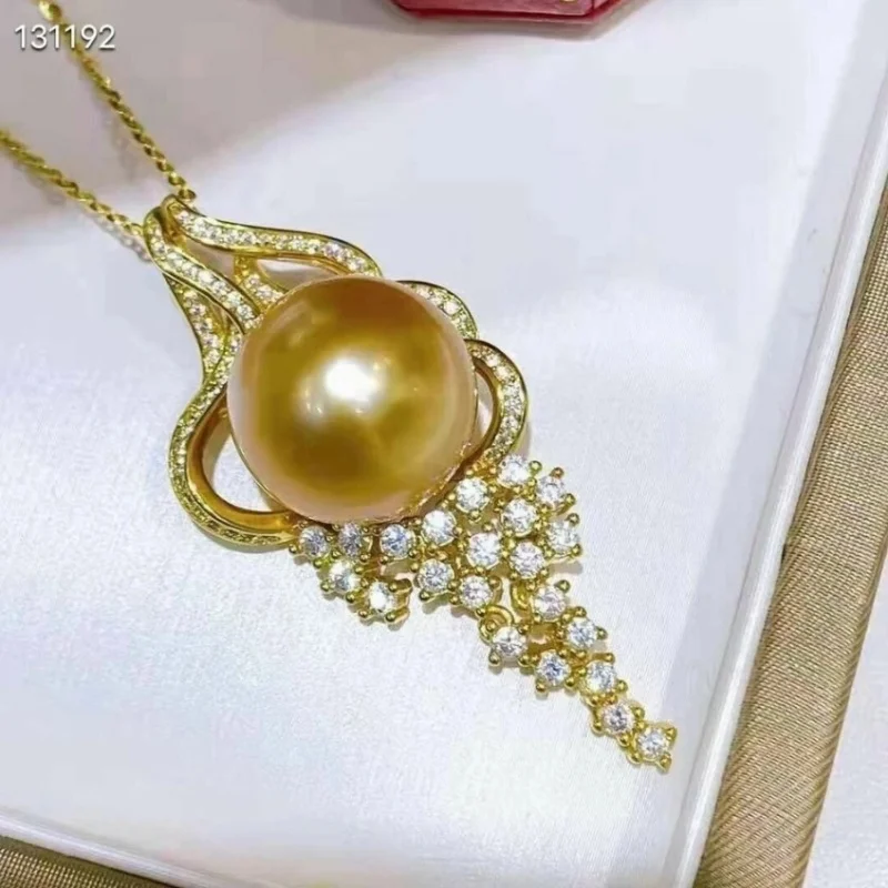 Exquisite South China Sea AAAA Grade Large 10-11mm Gold round Pearl Pendant Necklace 925 Sterling Silver