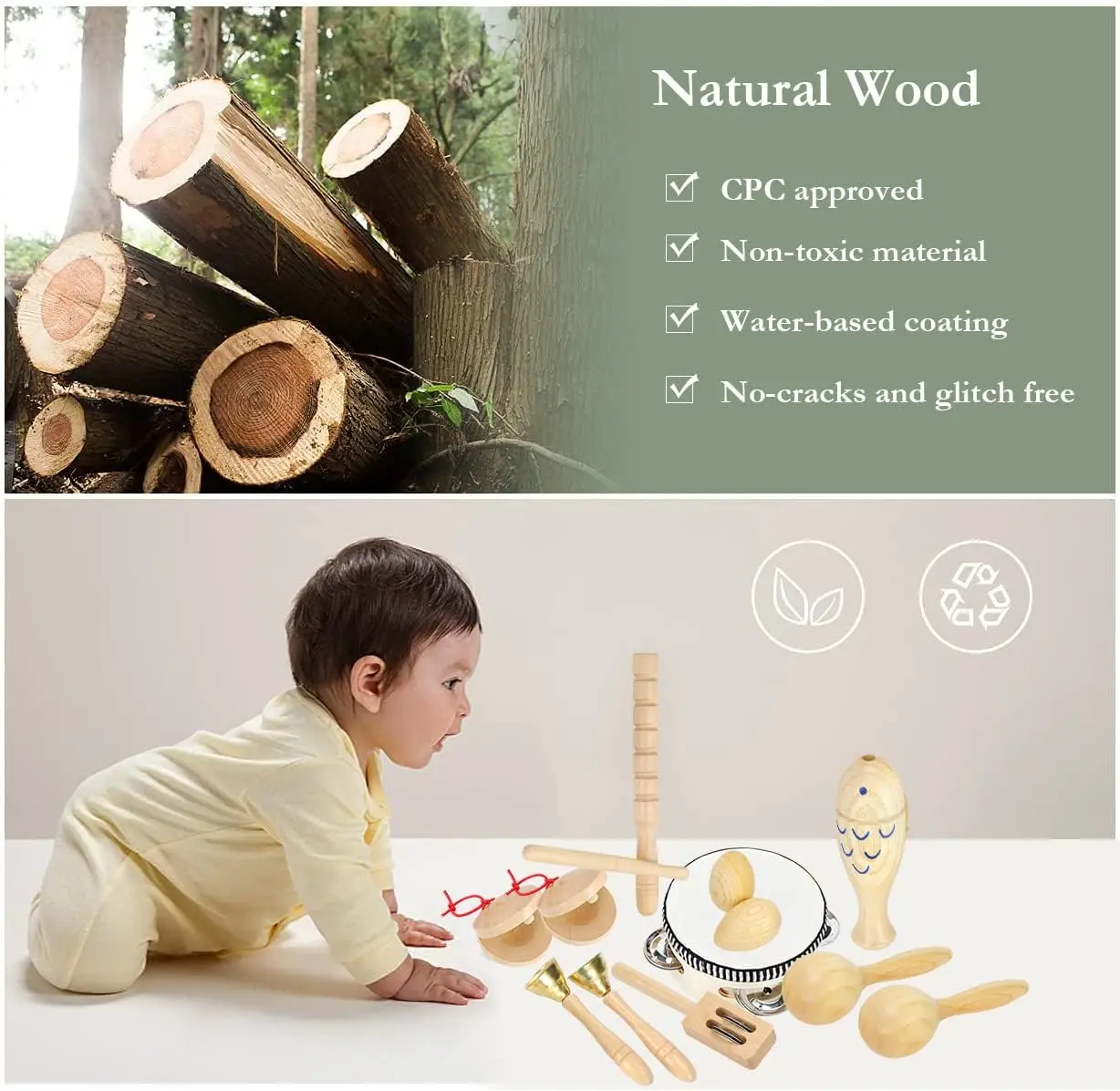 Giocattoli per strumenti musicali per bambini Armonica a tamburo in legno naturale Montessori Strumento Orff Gioca a musica per asilo Giocattoli per l'apprendimento