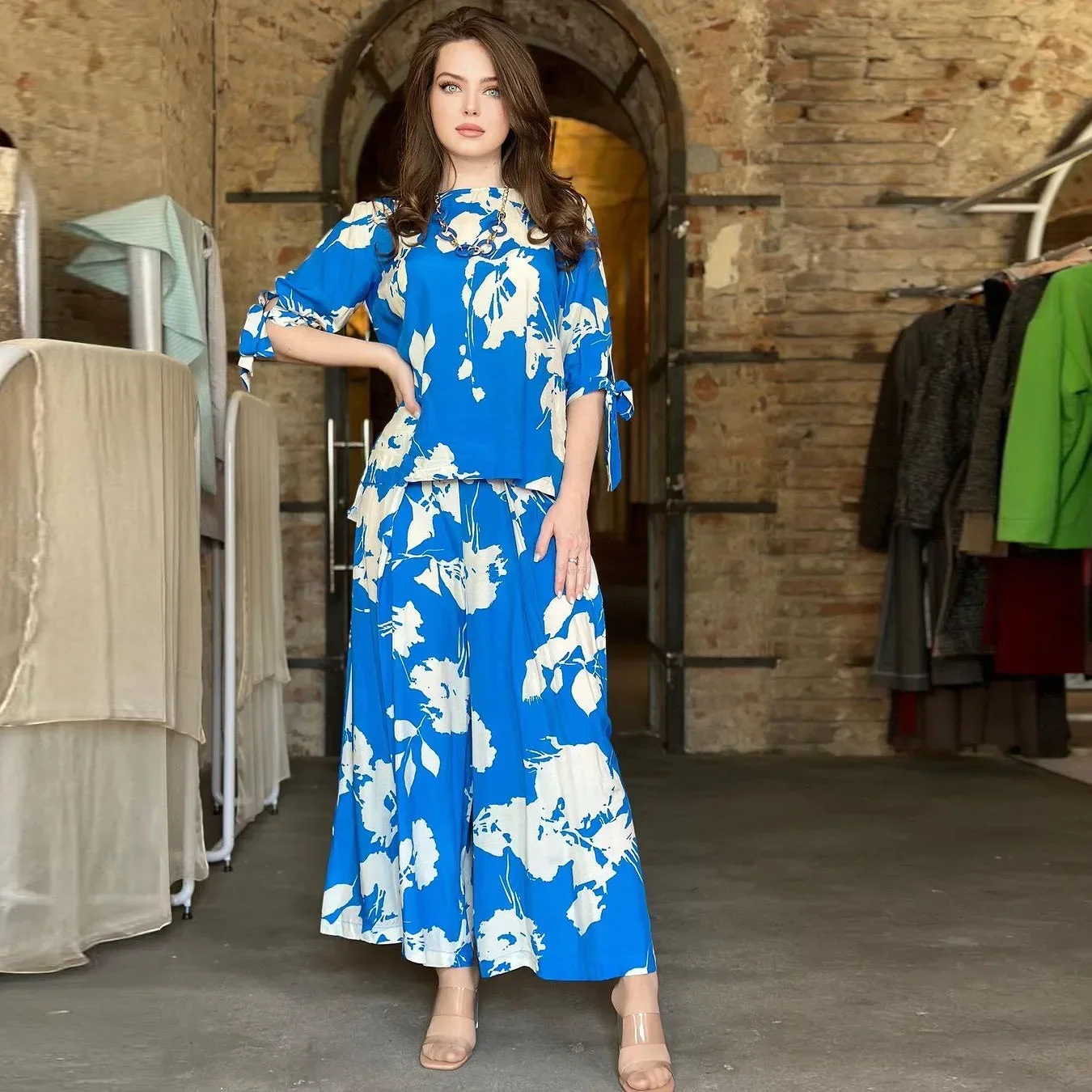 

Two Piece Sets Women 2023 Autumn Print Floral Round Neck Tops Half Sleeve Casual Loose High Waist Long Wide Leg Pants Set