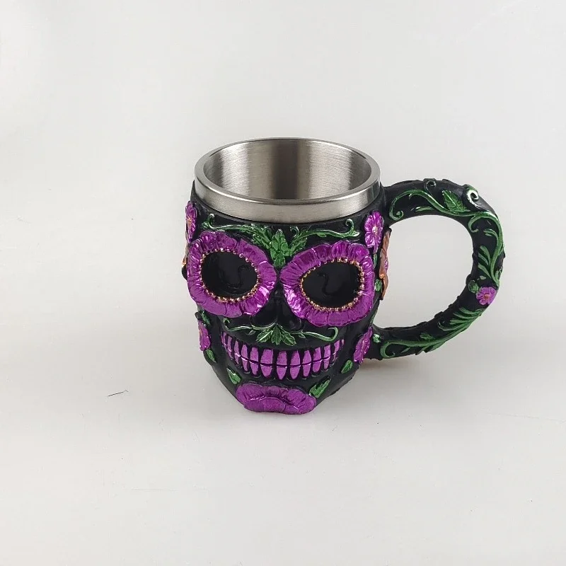 Purple Skull Flower Goblet Resin Steel Cup Creative Beer COFFEE Mug Gothic 3D Wine Glass Mugs Halloween Gift Death Day 200/400ML