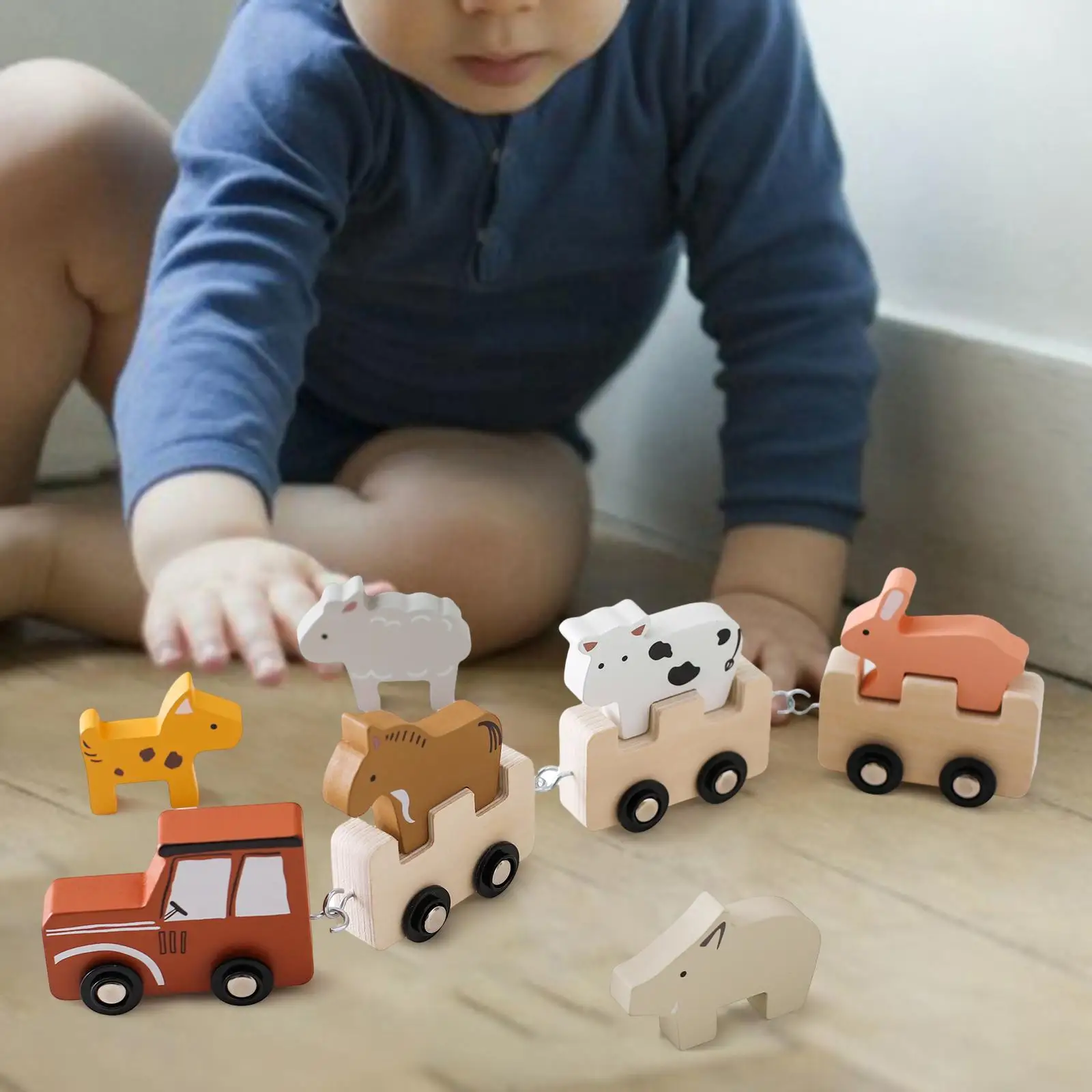 Juguete de tren de madera de animales Montessori, juguete de aprendizaje sensorial de aprendizaje preescolar, tren de granja de animales, bloques de apilamiento, juguete para niñas