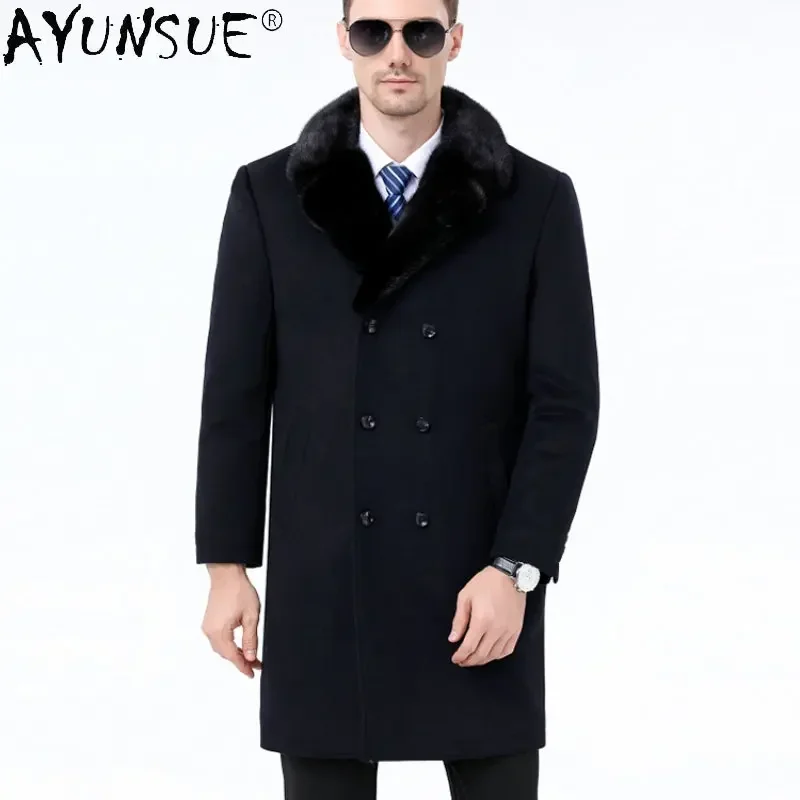 AYUNSUE Warm Cashmere Coats Men Winter Jacket Rex Rabbit Fur Liner Detachable Wool Coat Men Mink Fur Collar Korean Fashion SGG