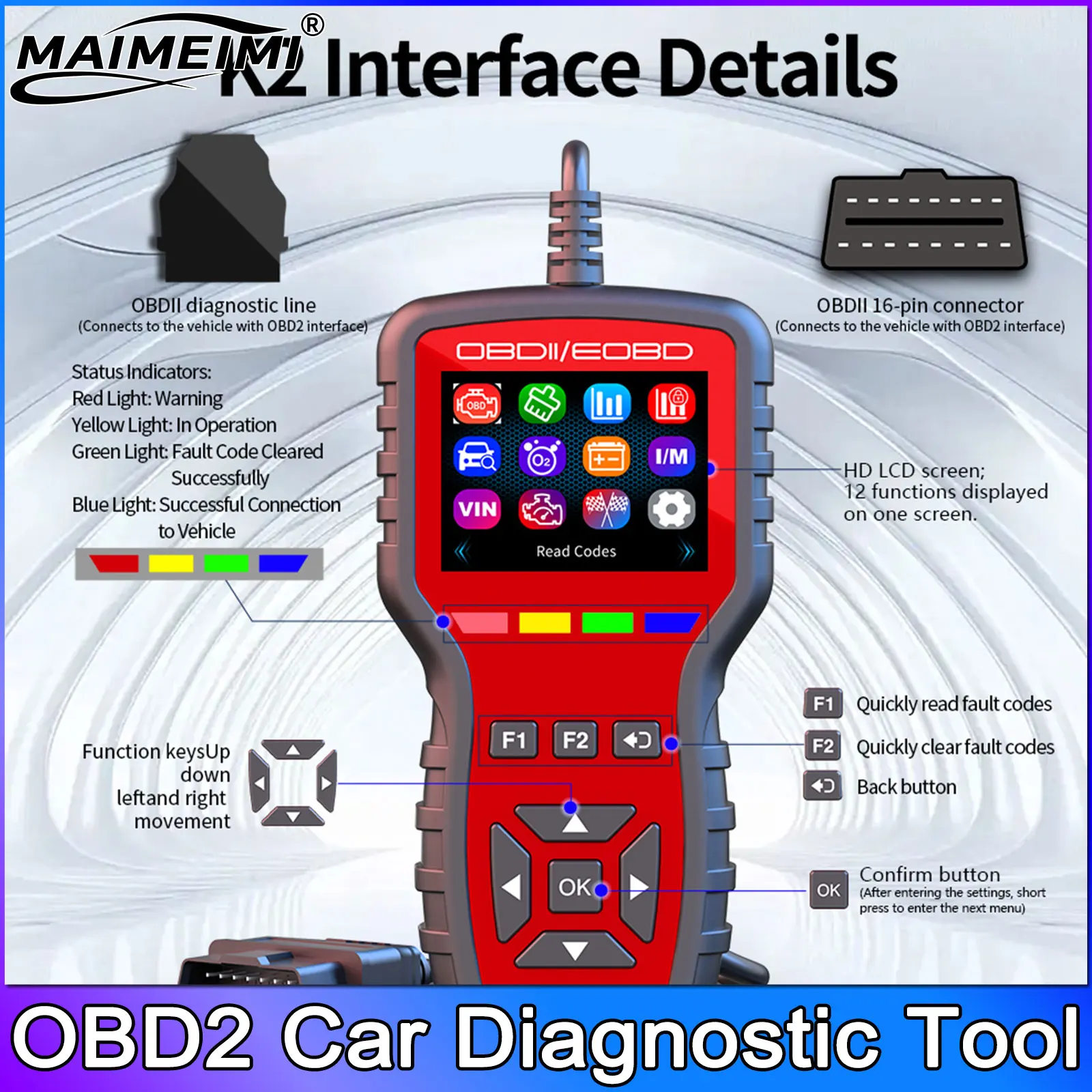 

Автомобильный диагностический сканер OBD2 K2, считыватель кодов неисправностей двигателя, способен диагностировать все автомобили с протоколом OBD II.