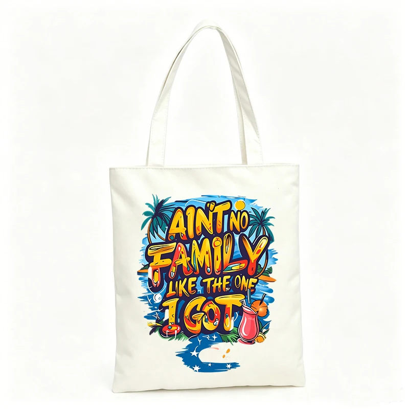 Women's slogan-style canvas tote bag with palm tree and tropical drink graphic, ideal for summer outings and casual use