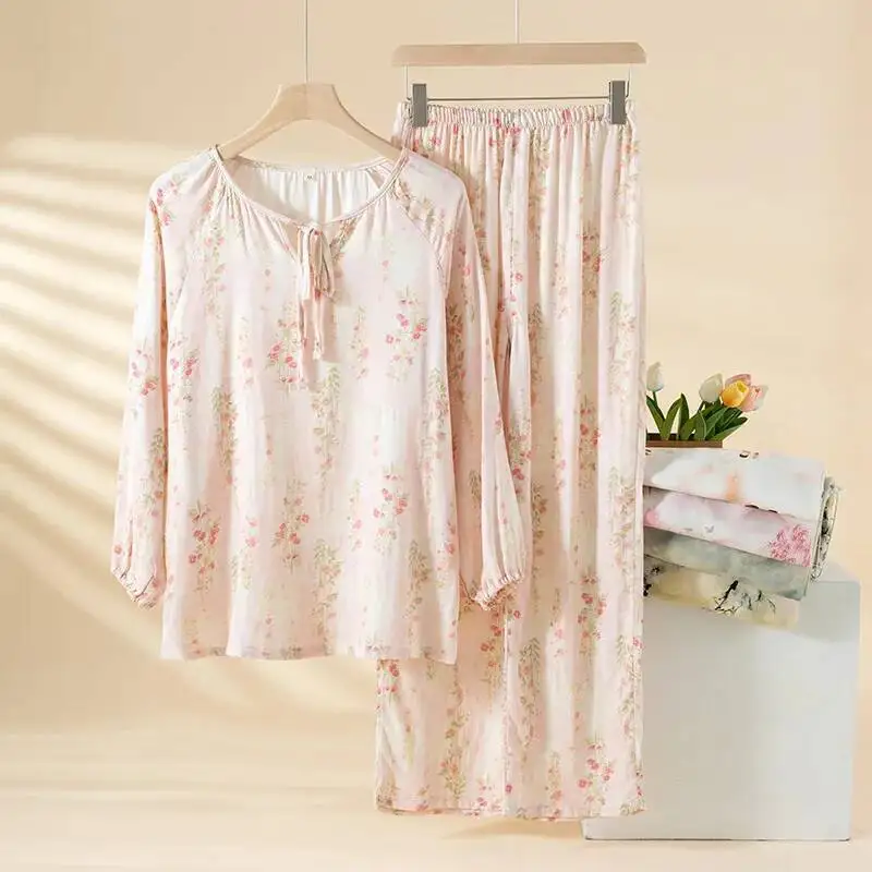 

Bamboo Fiber Sleepwear Clothes For Women Spring And Autumn Thin Sleeved Long Pants Floral Printed Cotton Breathable Pyjamas