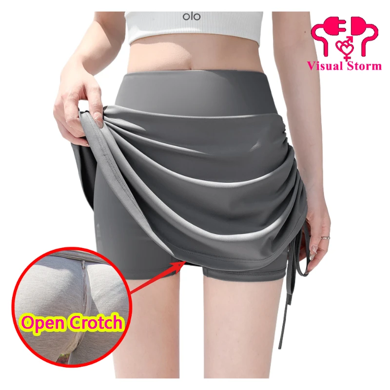 Women Open Crotch Pants Hidden Zipper Shirring Skirt Shorts Couple Outdoor Play Easy False Mini Dress Crotchless Fitness Bottoms