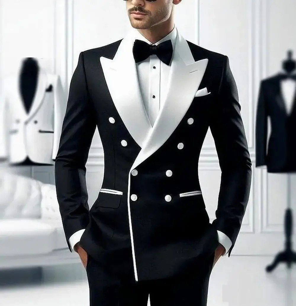 

Black Double Breasted Suit Men Tuxedos White Peak Lapel Groom Groomsman Formal Prom Wedding Party 2 Piece Set Jacket Pants