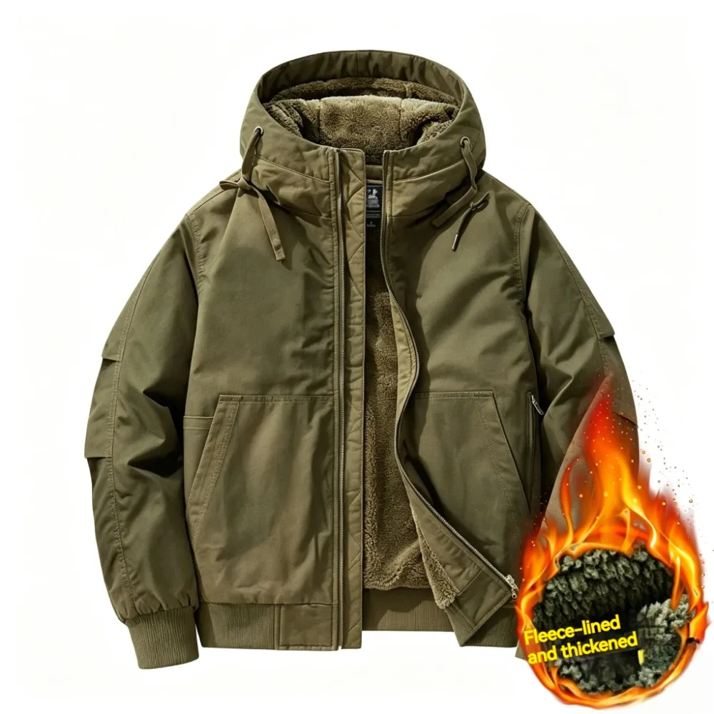 Men's Winter Jacket Thickened Cotton Warm Fleece Lined Hooded Workwear Flight Bomber Short Coat Plus Size Casual Outerwear